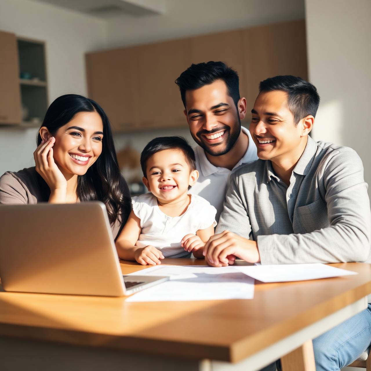 Familia aliviada revisando sus finanzas en casa